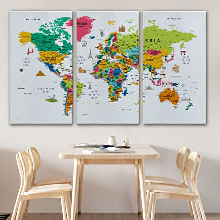 Eğitici Detaylı Sembollü İngilizce Dünya Haritası Dekoratif Kanvas Tablo, Duvar Dekoru 3215