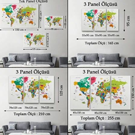 Eğitici Detaylı Sembollü İngilizce Dünya Haritası Dekoratif Kanvas Tablo, Duvar Dekoru 3215
