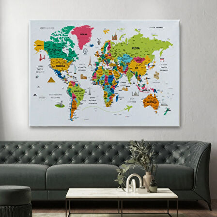 Eğitici Detaylı Sembollü Türkçe Dünya Haritası Dekoratif Kanvas Tablo, Duvar Dekoru 3216