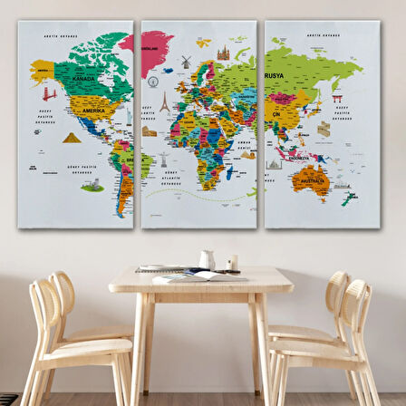 Eğitici Detaylı Sembollü Türkçe Dünya Haritası Dekoratif Kanvas Tablo, Duvar Dekoru 3216