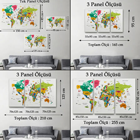 Eğitici Detaylı Sembollü Türkçe Dünya Haritası Dekoratif Kanvas Tablo, Duvar Dekoru 3216