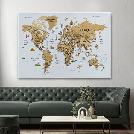 Eğitici Detaylı Sembollü İngilizce Dünya Haritası Dekoratif Kanvas Tablo, Duvar Dekoru 3219