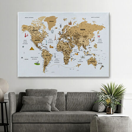 Eğitici Detaylı Sembollü Türkçe Dünya Haritası Dekoratif Kanvas Tablo, Duvar Dekoru 3220