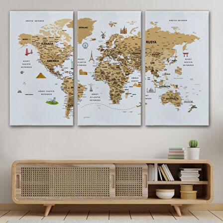 Eğitici Detaylı Sembollü Türkçe Dünya Haritası Dekoratif Kanvas Tablo, Duvar Dekoru 3220