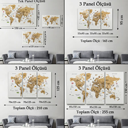 Eğitici Detaylı Sembollü Türkçe Dünya Haritası Dekoratif Kanvas Tablo, Duvar Dekoru 3220