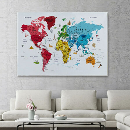 Eğitici Detaylı Sembollü İngilizce Dünya Haritası Dekoratif Kanvas Tablo, Duvar Dekoru 3223