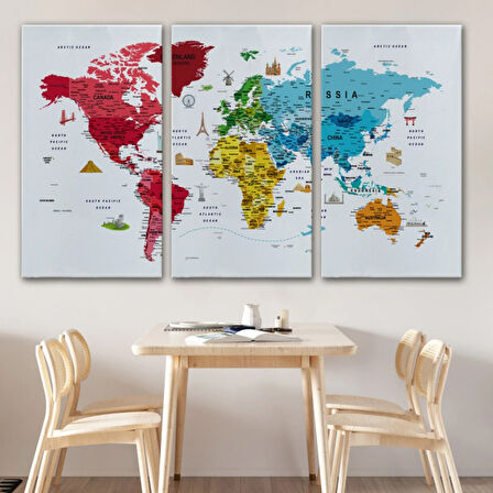 Eğitici Detaylı Sembollü İngilizce Dünya Haritası Dekoratif Kanvas Tablo, Duvar Dekoru 3223