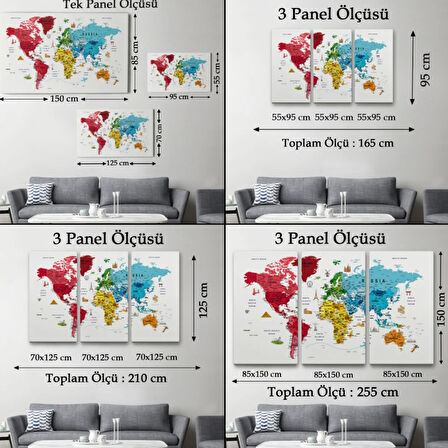 Eğitici Detaylı Sembollü İngilizce Dünya Haritası Dekoratif Kanvas Tablo, Duvar Dekoru 3223
