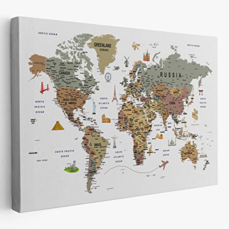 Eğitici Detaylı Sembollü İngilizce Dünya Haritası Dekoratif Kanvas Tablo, Duvar Dekoru 3225