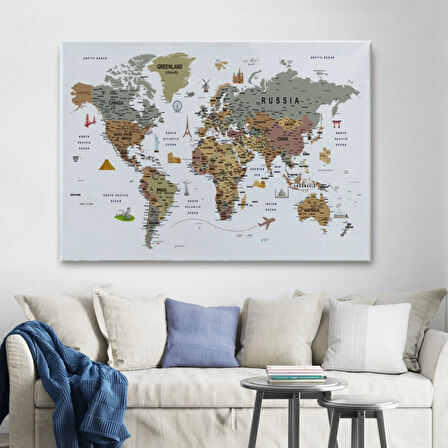 Eğitici Detaylı Sembollü İngilizce Dünya Haritası Dekoratif Kanvas Tablo, Duvar Dekoru 3225