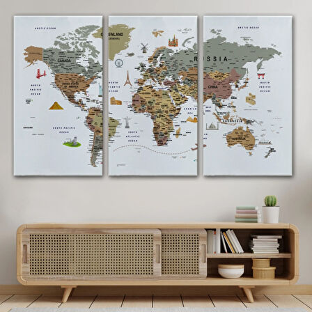 Eğitici Detaylı Sembollü İngilizce Dünya Haritası Dekoratif Kanvas Tablo, Duvar Dekoru 3225