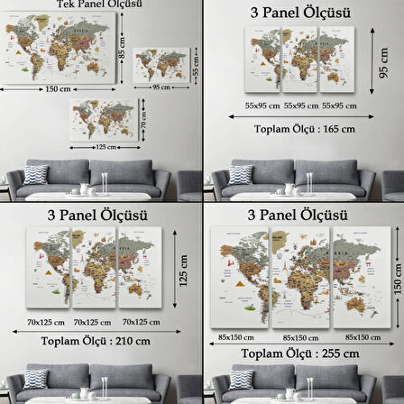 Eğitici Detaylı Sembollü İngilizce Dünya Haritası Dekoratif Kanvas Tablo, Duvar Dekoru 3225
