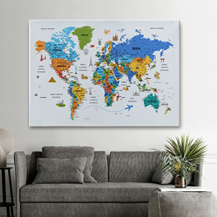 Eğitici Detaylı Sembollü Türkçe Dünya Haritası Dekoratif Kanvas Tablo, Duvar Dekoru 3232