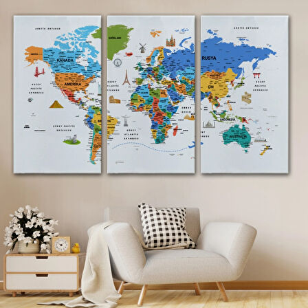 Eğitici Detaylı Sembollü Türkçe Dünya Haritası Dekoratif Kanvas Tablo, Duvar Dekoru 3232