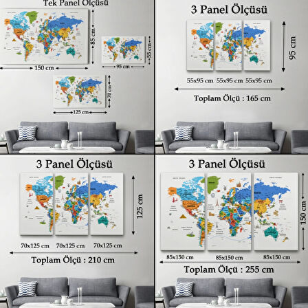 Eğitici Detaylı Sembollü Türkçe Dünya Haritası Dekoratif Kanvas Tablo, Duvar Dekoru 3232