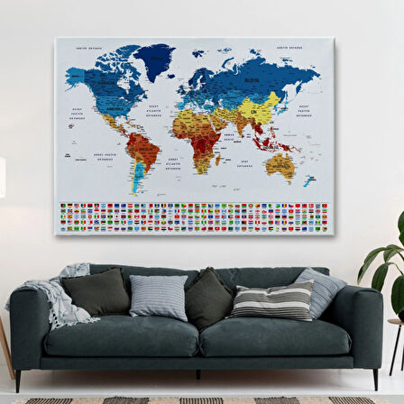 Eğitici Detaylı Sembollü Türkçe Dünya Haritası Dekoratif Kanvas Tablo, Duvar Dekoru 3237