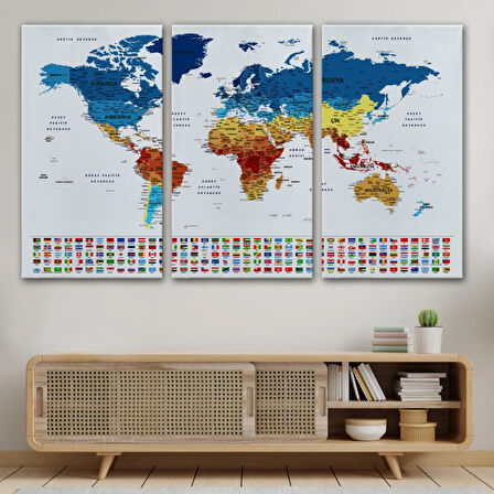 Eğitici Detaylı Sembollü Türkçe Dünya Haritası Dekoratif Kanvas Tablo, Duvar Dekoru 3237