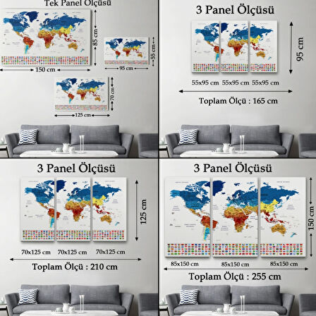 Eğitici Detaylı Sembollü Türkçe Dünya Haritası Dekoratif Kanvas Tablo, Duvar Dekoru 3237