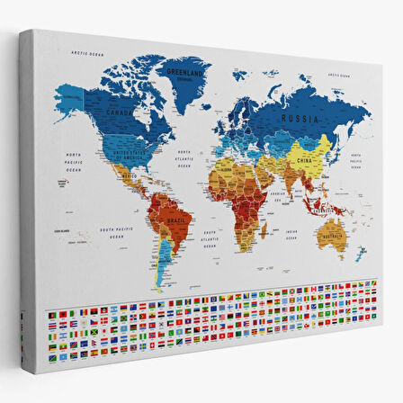 Eğitici Detaylı Bayraklı Dünya Haritası, Harita Dekoratif Kanvas Tablo, Duvar Dekoru 3238