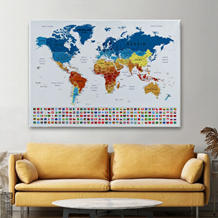 Eğitici Detaylı Bayraklı Dünya Haritası, Harita Dekoratif Kanvas Tablo, Duvar Dekoru 3238