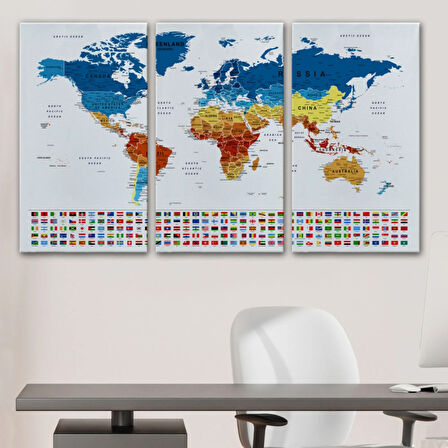 Eğitici Detaylı Bayraklı Dünya Haritası, Harita Dekoratif Kanvas Tablo, Duvar Dekoru 3238