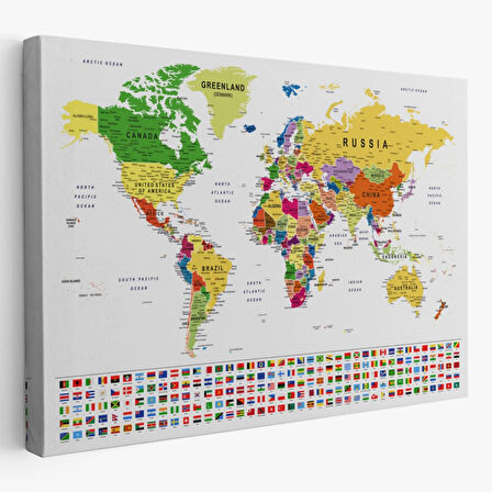 Eğitici Detaylı Bayraklı Dünya Haritası, Harita Dekoratif Kanvas Tablo, Duvar Dekoru 3256
