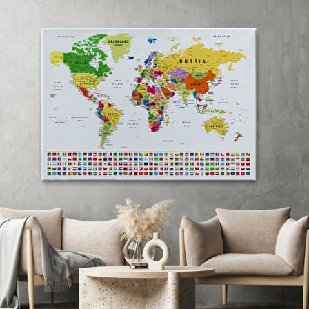 Eğitici Detaylı Bayraklı Dünya Haritası, Harita Dekoratif Kanvas Tablo, Duvar Dekoru 3256