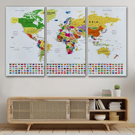 Eğitici Detaylı Bayraklı Dünya Haritası, Harita Dekoratif Kanvas Tablo, Duvar Dekoru 3256