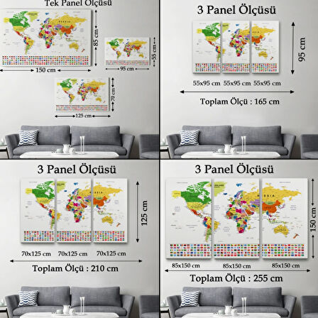 Eğitici Detaylı Bayraklı Dünya Haritası, Harita Dekoratif Kanvas Tablo, Duvar Dekoru 3256