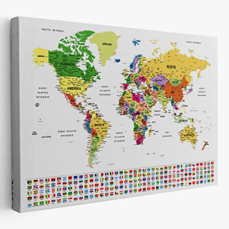 Eğitici Detaylı Bayraklı Türkçe Dünya Haritası, Harita Dekoratif Kanvas Tablo, Duvar Dekoru 3257