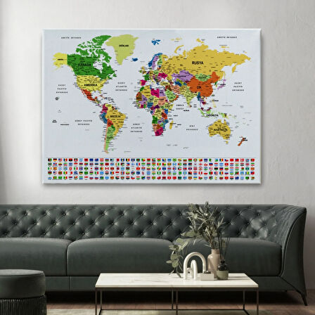 Eğitici Detaylı Bayraklı Türkçe Dünya Haritası, Harita Dekoratif Kanvas Tablo, Duvar Dekoru 3257