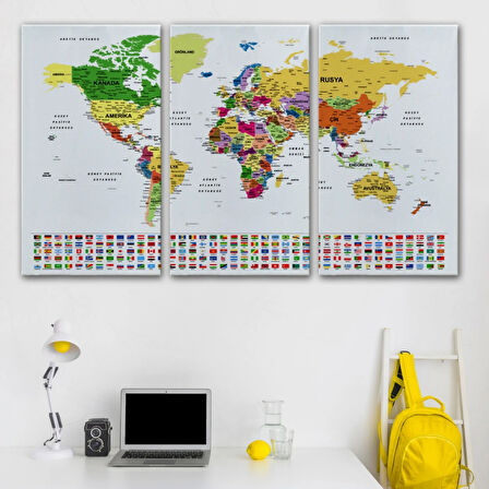 Eğitici Detaylı Bayraklı Türkçe Dünya Haritası, Harita Dekoratif Kanvas Tablo, Duvar Dekoru 3257