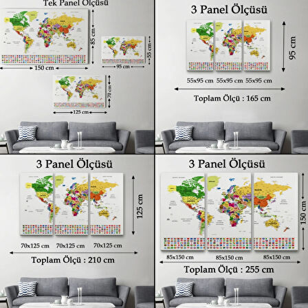 Eğitici Detaylı Bayraklı Türkçe Dünya Haritası, Harita Dekoratif Kanvas Tablo, Duvar Dekoru 3257