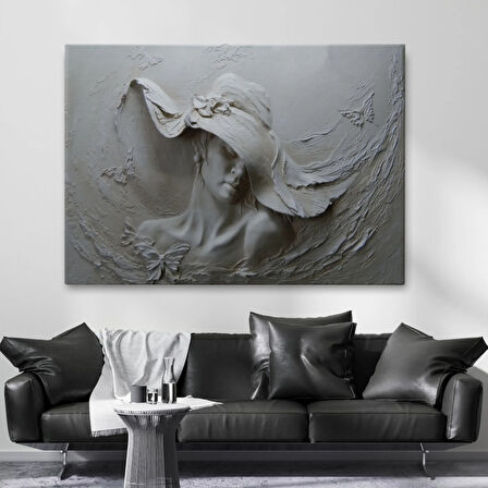 Şapkalı Kadın Kabartma Görünümlü Dekoratif Kanvas Tablo, Duvar Dekoru 3424