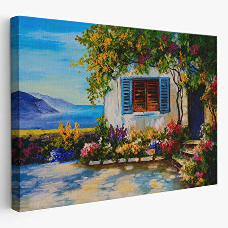 Deniz Manzaralı Güzel Ev Doğa Yağlıboya Görünüm Dekoratif Kanvas Tablo, Duvar Dekoru 3437