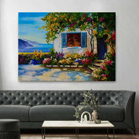 Deniz Manzaralı Güzel Ev Doğa Yağlıboya Görünüm Dekoratif Kanvas Tablo, Duvar Dekoru 3437