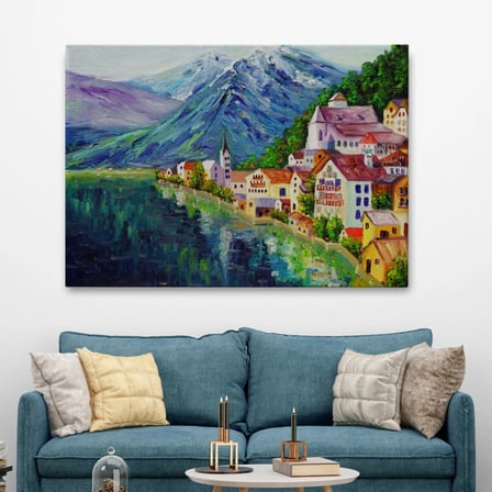 Yağlıboya Görünüm Hallstatt Avusturya Dekoratif Kanvas Tablo, Duvar Dekoru 3438