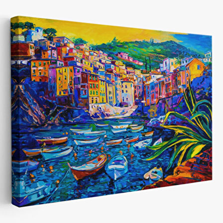 Yağlıboya Görünüm Sahildeki Tekneler Dekoratif Kanvas Tablo, Duvar Dekoru 3462