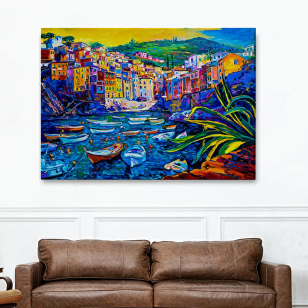 Yağlıboya Görünüm Sahildeki Tekneler Dekoratif Kanvas Tablo, Duvar Dekoru 3462