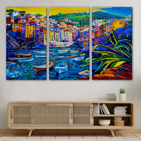 Yağlıboya Görünüm Sahildeki Tekneler Dekoratif Kanvas Tablo, Duvar Dekoru 3462