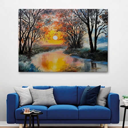 Karlı Bir Nehir ve Kış Mevsimi Dekoratif Kanvas Tablo, Duvar Dekoru 3464