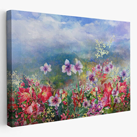 Suluboya Görünüm Renkli Çiçekler Dekoratif Kanvas Tablo, Duvar Dekoru 3475