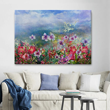 Suluboya Görünüm Renkli Çiçekler Dekoratif Kanvas Tablo, Duvar Dekoru 3475