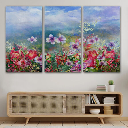 Suluboya Görünüm Renkli Çiçekler Dekoratif Kanvas Tablo, Duvar Dekoru 3475