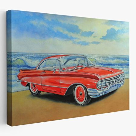 Yağlıboya Görünüm Kızmızı Retro Tarz Araba Dekoratif Kanvas Tablo, Duvar Dekoru 3499