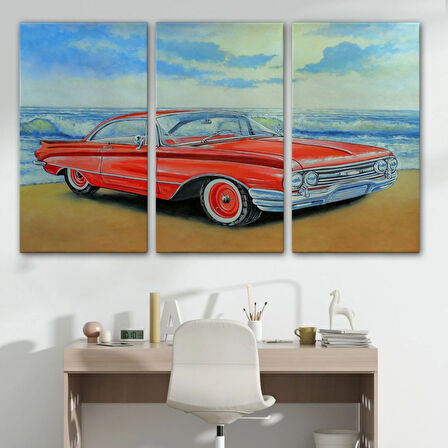 Yağlıboya Görünüm Kızmızı Retro Tarz Araba Dekoratif Kanvas Tablo, Duvar Dekoru 3499