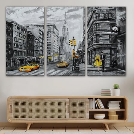 Yağlıboya Görünüm Sarı Taksi ve NewYork Sokakları Dekoratif Kanvas Tablo, Duvar Dekoru 3500
