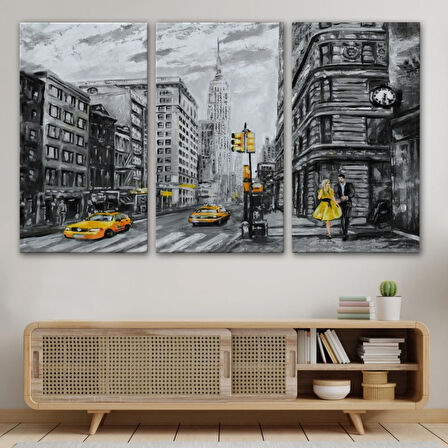 Yağlıboya Görünüm Sarı Taksi ve NewYork Sokakları Dekoratif Kanvas Tablo, Duvar Dekoru 3500
