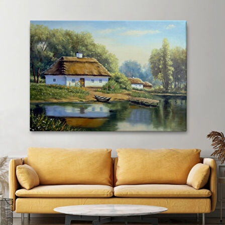 Yağlıboya Görünüm Köy Evi ve Göl Manzarası Dekoratif Kanvas Tablo, Duvar Dekoru 3510