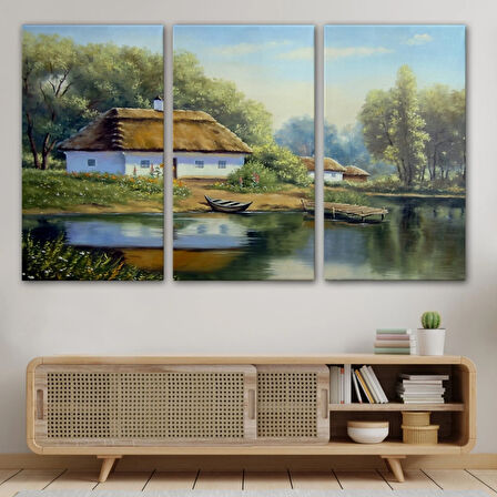 Yağlıboya Görünüm Köy Evi ve Göl Manzarası Dekoratif Kanvas Tablo, Duvar Dekoru 3510